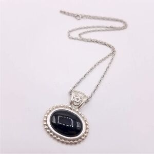 N158 Vintage 925 Sterling Silver Cabochon Oval Onyx Pendant Necklace 18"